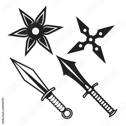 Black ninja stars and swords throwing weapon shuriken