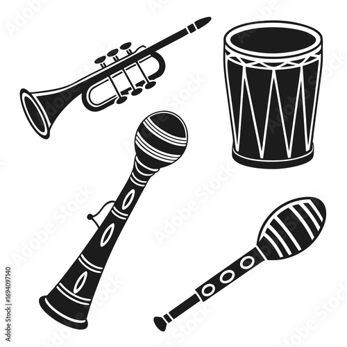 Black musical instruments trumpet drum shakers maraca