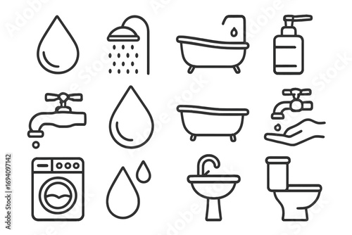Water and bathroom line icon set. Editable stroke. Hygiene, plumbing, sanitation concept. Shower, bath, toilet, sink, faucet, soap dispenser, washing machine vector symbols.
