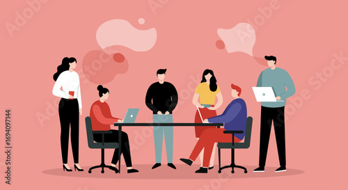 Diverse business team collaborates in a modern office meeting, discussing ideas and working. Ideal for illustrating teamwork, innovation, and corporate strategy.