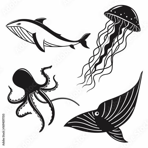 Black ocean creatures whale octopus jellyfish squid