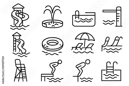 Water park line icon set. Aquapark, swimming pool, diving, and summer vacation outline signs. Waterslide, fountain, diving board, float ring & lifeguard vector pictogram collection.
