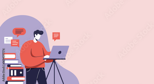 Man working or studying remotely on a laptop, surrounded by books and speech bubbles. Perfect for digital education, online communication, and modern lifestyle concepts.
