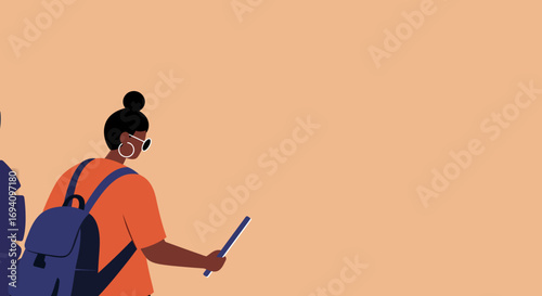 Stylish traveler with backpack and sunglasses exploring, holding a device. Ideal for travel, lifestyle, youth, or education concepts.