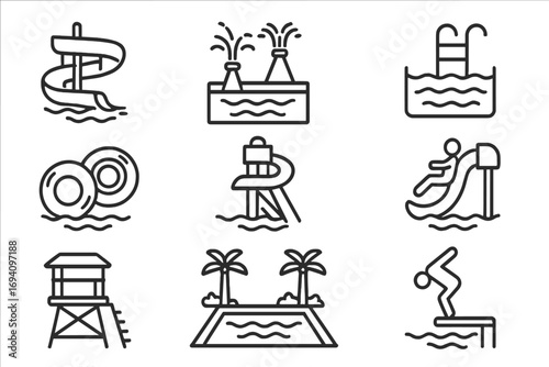 Water park outline icon set. Aquapark, swimming pool, and summer vacation line icons. Includes water slide, diving board, inflatable float, and lifeguard tower. Vector.