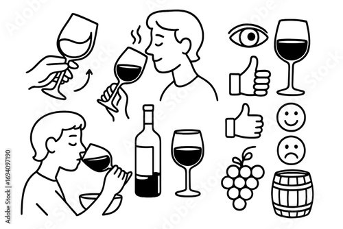 Wine tasting guide doodle icon set. Vector illustration of sommelier steps: look, swirl, smell, taste. Line art of glass, bottle, grapes for winery or degustation concept.