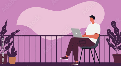 A man works remotely on his laptop from a modern balcony, surrounded by potted plants, symbolizing a flexible lifestyle and productive work-life balance.