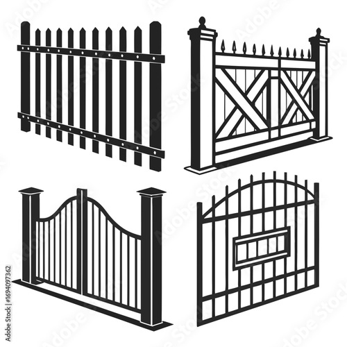 Black silhouette fence and gate designs picket fence