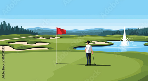 A golfer standing on the green by a water hazard with a red flag flying high in the distance on a sunny day