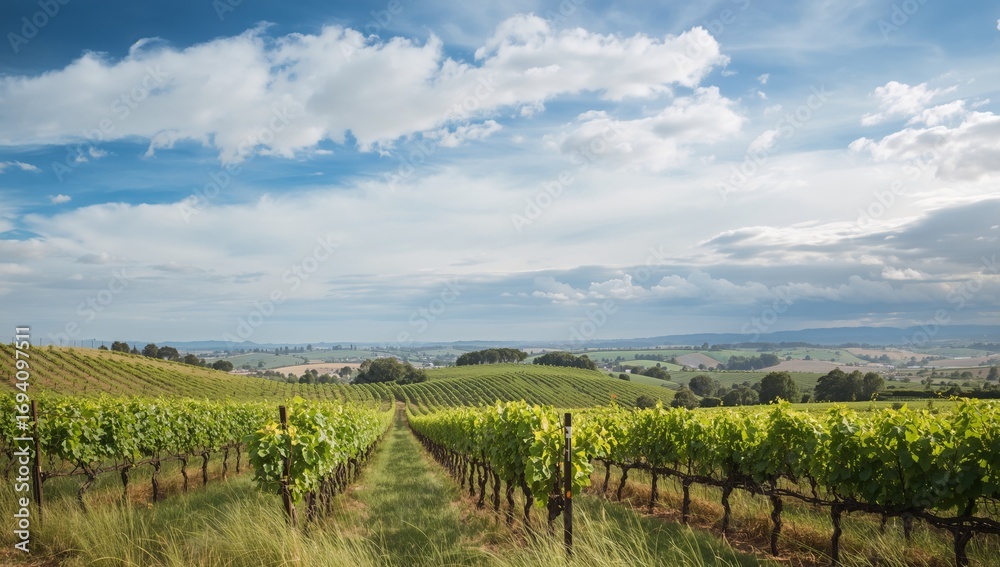 Naklejka premium Verdant Rows, Cloudy Skies. A Study in Green and Blue, Perspective and Texture.