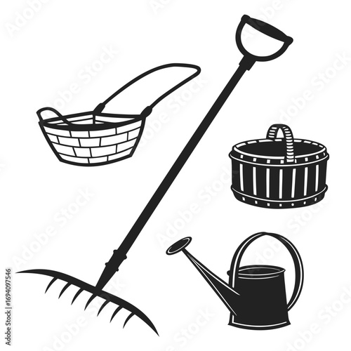 Black silhouettes of garden tools and baskets rake