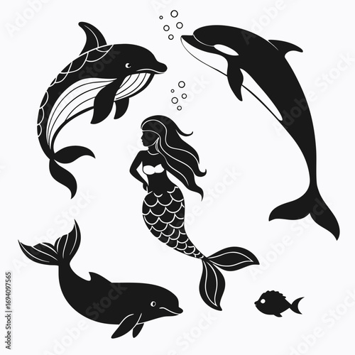 Black silhouettes of marine life and mermaid white