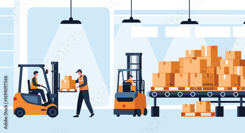 Modern warehouse operations with forklifts and conveyor belt technology for efficient goods handling