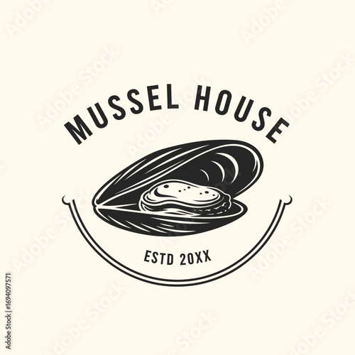 Vintage logo design for a 'Mussel House' restaurant, featuring a classic black illustration of an open mussel shell.