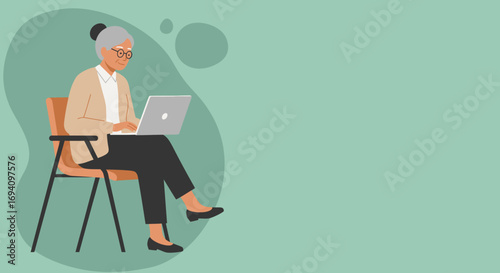 Smiling senior woman in glasses uses a laptop, representing digital literacy, active aging, and modern technology adoption for business or education.