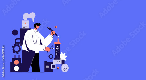 Scientist in lab coat working with laboratory equipment and chemicals, performing research and development in a modern laboratory setting.