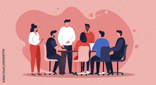 A diverse business team collaborating in a modern office meeting, discussing strategies and ideas. Ideal for corporate, teamwork, and innovation concepts.