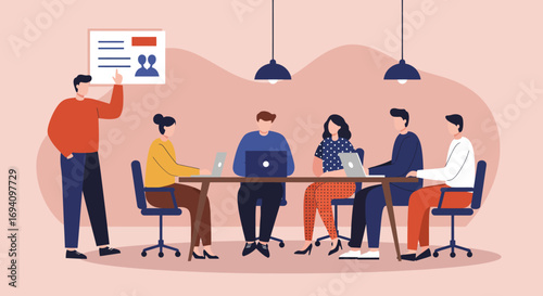Team of diverse professionals collaborating in a modern office meeting, discussing strategies and ideas with a presenter. Ideal for business, corporate, or educational themes.