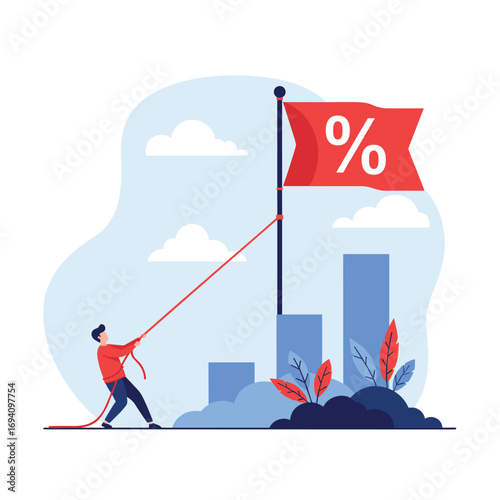 Person pulling rope to raise flag with percentage symbol on top of growth chart