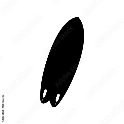 Black and white image depicts a surfboard with fins on the bottom