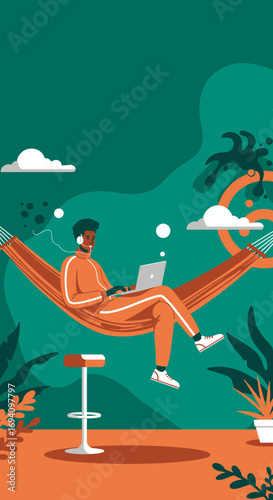 A man works remotely on his laptop from a relaxing hammock, embodying flexible work, digital nomad lifestyle, and comfort. Ideal for business, travel, and leisure concepts.