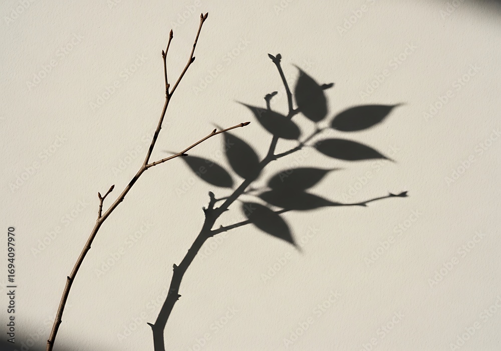 Fototapeta premium Subtle dance of light and shadow: Delicate branches casting playful shadows on a pristine neutral wall