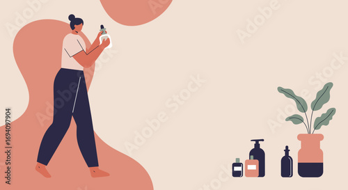 Woman applies a beauty serum with a dropper in a minimalist setting, representing self-care, skincare routines, and natural cosmetic concepts.