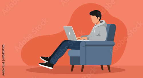 Person casually working on a laptop from the comfort of an armchair, depicting remote work, online learning, or a relaxed lifestyle at home.