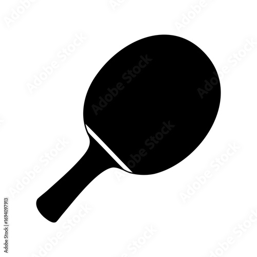 A simple black silhouette of a table tennis racket or paddle