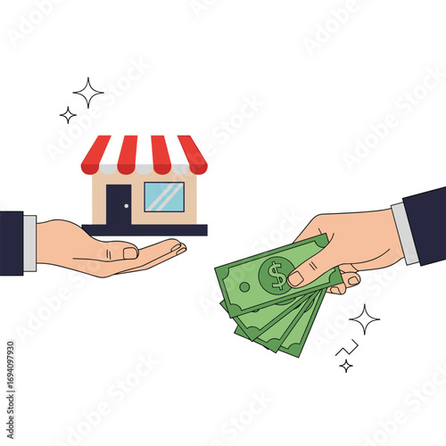 Small business exchange transaction concept illustration featuring storefront and cash exchange