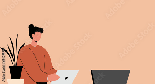 Illustration of a focused person working remotely on a laptop at a desk with a plant. Ideal for themes of productivity, online business, and modern work-life.