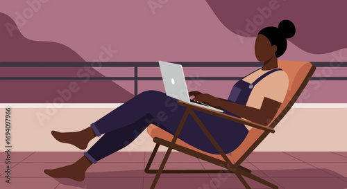 Relaxed woman working remotely on laptop from a balcony or terrace, enjoying flexible work-life balance and digital connectivity.