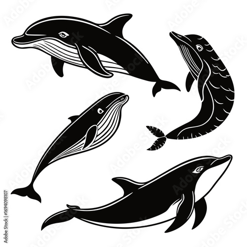 Black whale and dolphin silhouettes marine life ocean