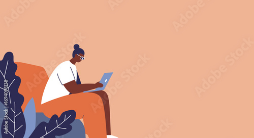 Woman with laptop working remotely or studying in a relaxed setting, ideal for concepts of productivity, freelance, online learning, or modern lifestyle.