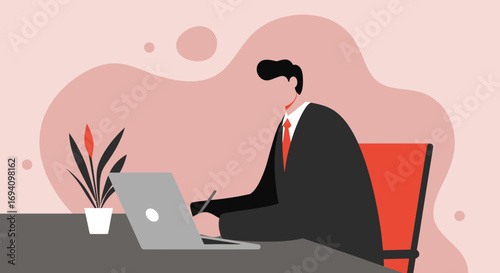 Professional businessman working diligently on a laptop at his desk. This illustration represents productivity, remote work, and modern office environments, ideal for business and technology themes.