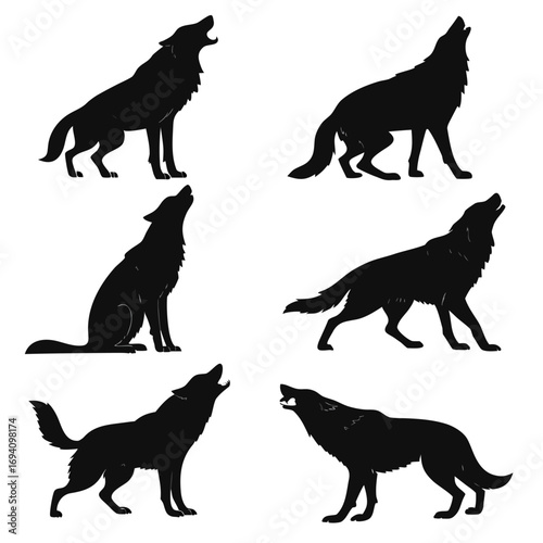 Black wolf silhouettes howling various poses wolves