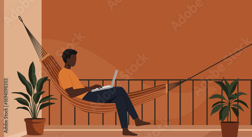 A person works remotely on a laptop while relaxing in a hammock on a cozy balcony, embodying modern flexible work and leisure.