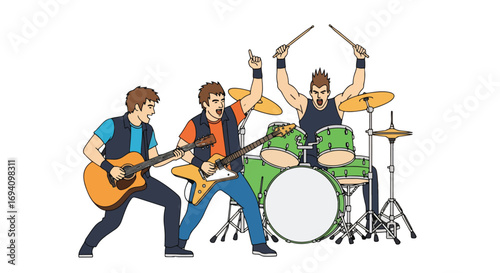 Flat style illustration of a rock band performing live with two guitarists and a drummer, showcasing energetic music, dynamic poses, and vibrant modern colors