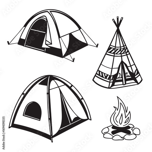 Camping tents and campfire silhouettes outdoor shelter