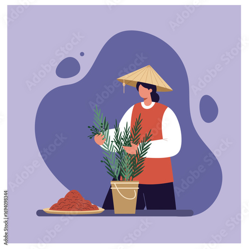 Person in traditional conical hat tending green plants and herbs. Illustrates farming, gardening, or harvesting natural ingredients for food or traditional medicine.