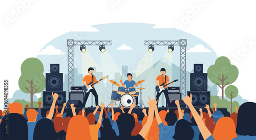 Flat style illustration of a live rock concert with guitarists and drummer on stage, bright lights, big speakers, and a cheering crowd enjoying the outdoor music festival