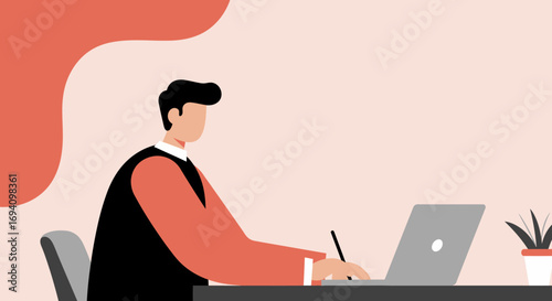 Professional man working diligently on a laptop at his desk, suitable for concepts of remote work, online learning, and business productivity.