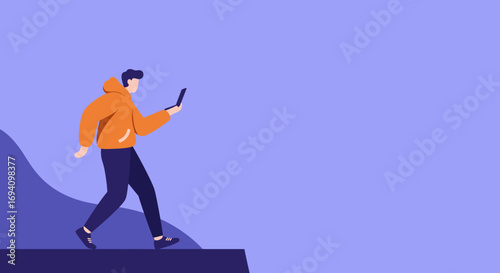 Modern young man in a hoodie walks while focused on his laptop, embodying digital connectivity, flexible work, and modern tech-driven lifestyle.