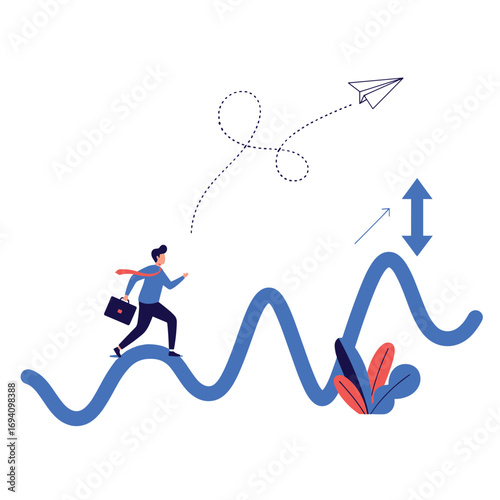 Businessman navigating a volatile market graph with upward and downward trends towards a paper airplane representing success and growth