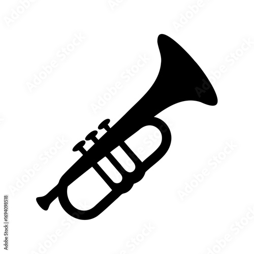 Sleek Black Trumpet Silhouette on a White Background, Musical Instrument
