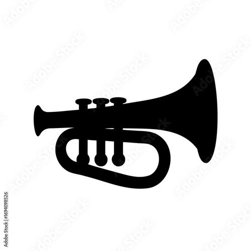 Black silhouette illustration of a trumpet with a white background for music
