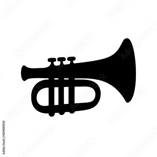 Simple black silhouette of a trumpet against a plain white background