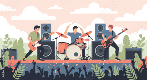Flat style illustration of a live rock concert with guitarists and drummer on stage, powerful speakers, cheering crowd, and a lively outdoor atmosphere filled with music and energy