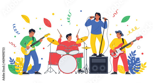Flat style illustration of a lively band performance with guitarist, bassist, drummer, and energetic singer under festive bunting and confetti, creating a fun and colorful music celebration