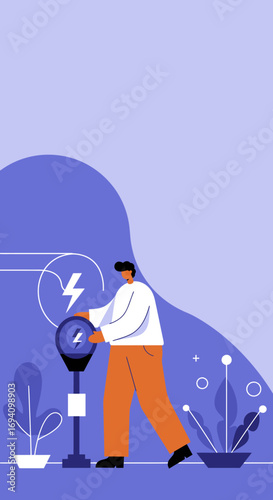 Man interacting with an electric meter, symbolizing energy management, power, and smart technology. Ideal for concepts of efficiency, sustainable energy, or utility services.